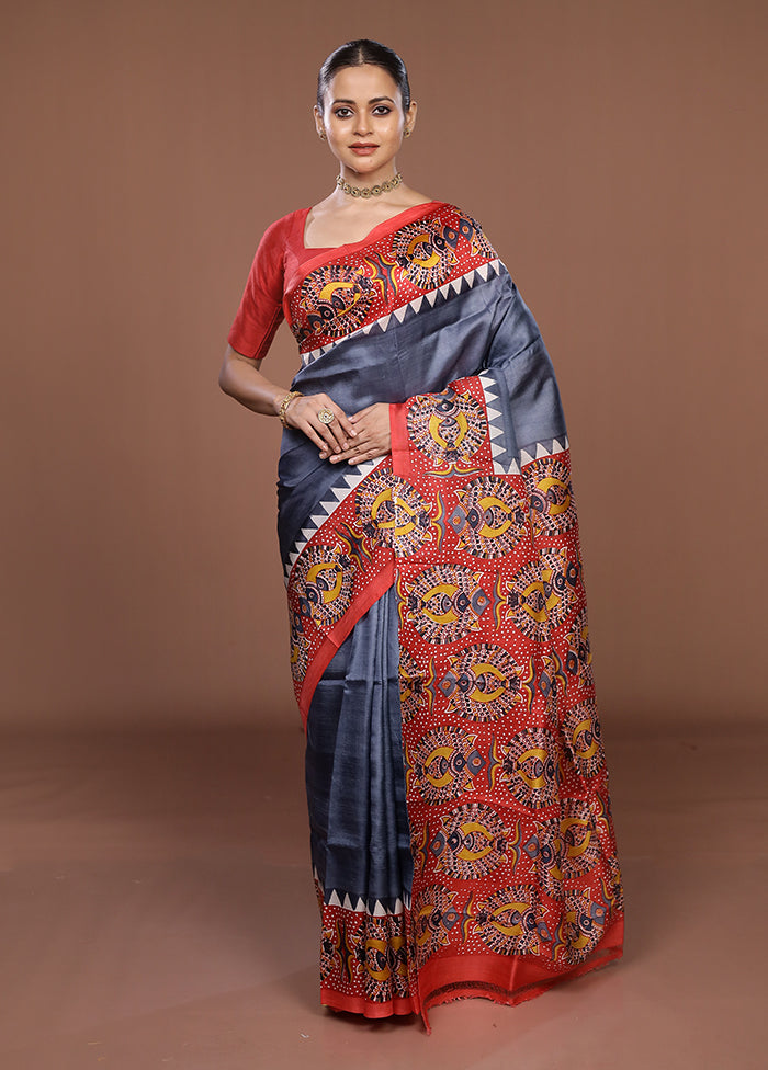 Grey Printed Pure Silk Saree Without Blouse Piece