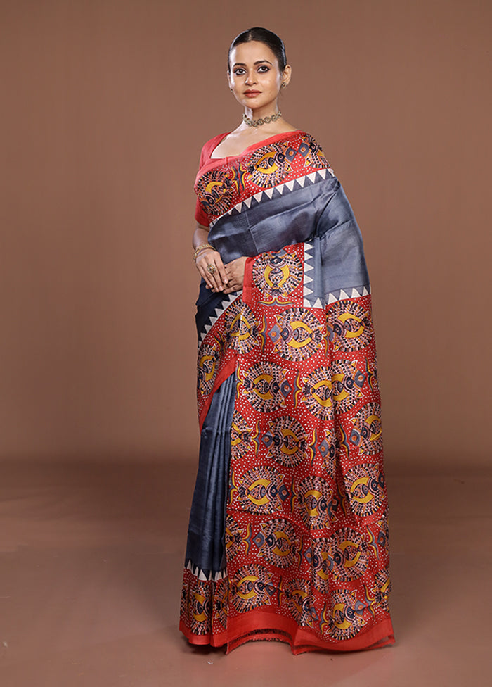 Grey Printed Pure Silk Saree Without Blouse Piece