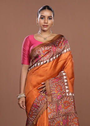 Rust Printed Pure Silk Saree Without Blouse Piece