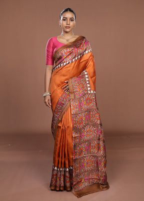 Rust Printed Pure Silk Saree Without Blouse Piece