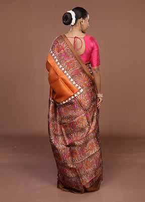 Rust Printed Pure Silk Saree Without Blouse Piece