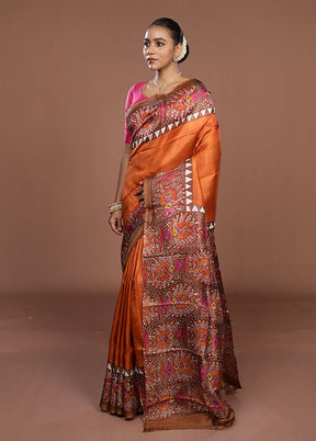 Rust Printed Pure Silk Saree Without Blouse Piece
