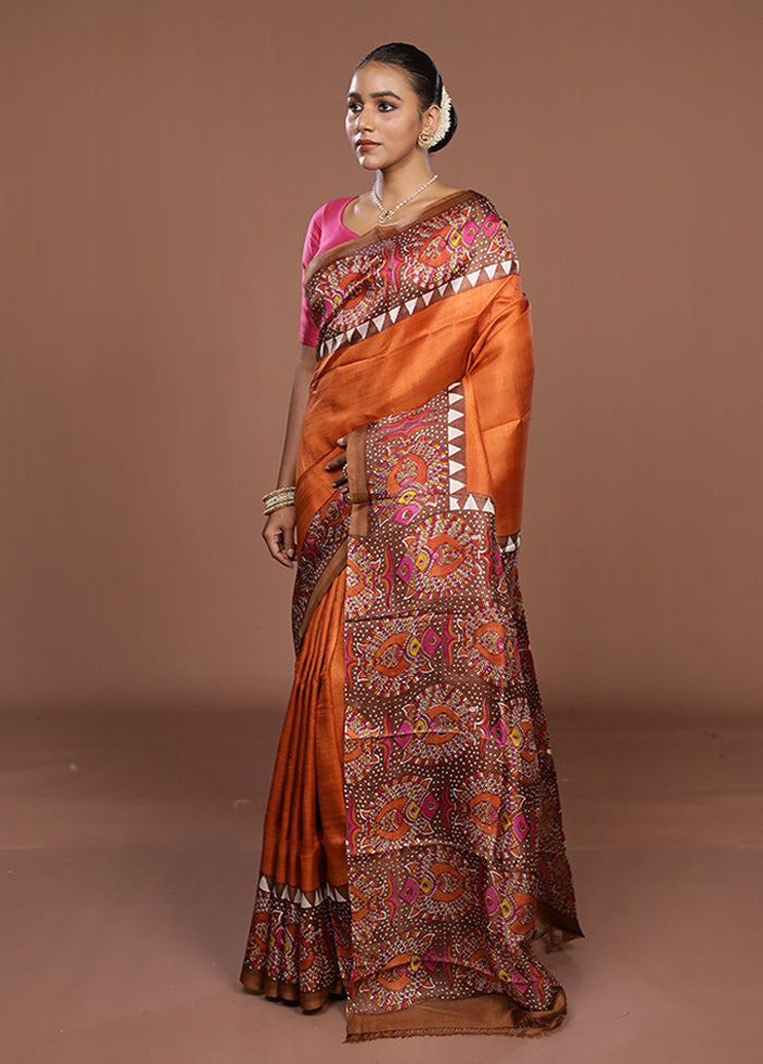 Rust Printed Pure Silk Saree Without Blouse Piece