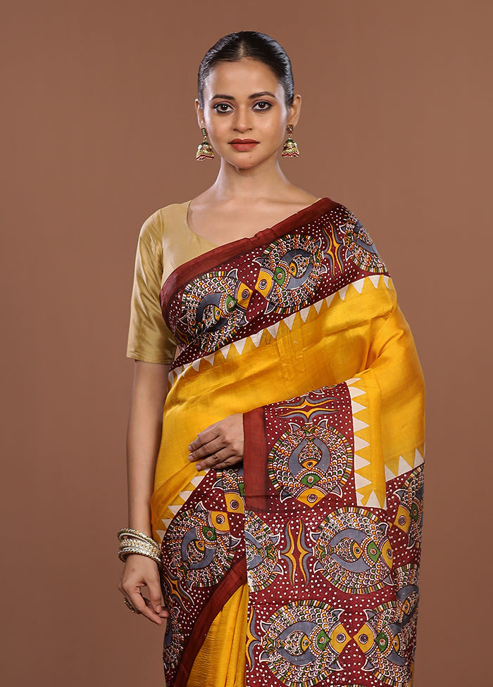 Yellow Printed Pure Silk Saree Without Blouse Piece