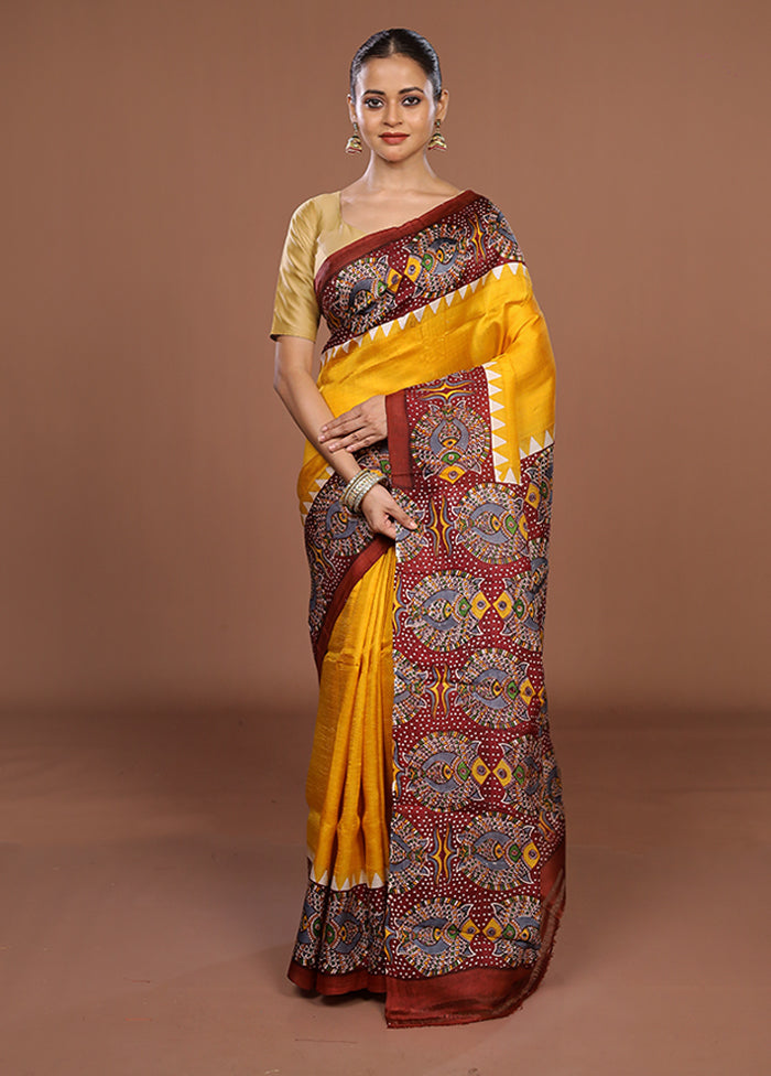 Yellow Printed Pure Silk Saree Without Blouse Piece