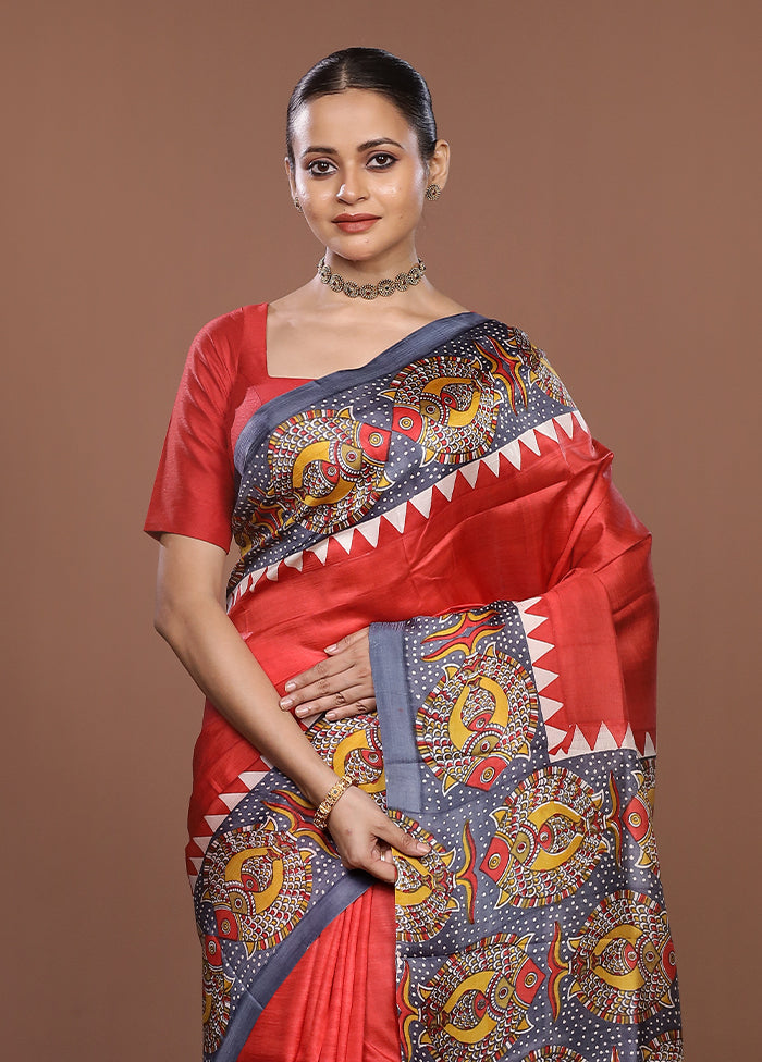 Red Printed Pure Silk Saree Without Blouse Piece