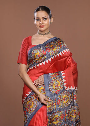 Red Printed Pure Silk Saree Without Blouse Piece