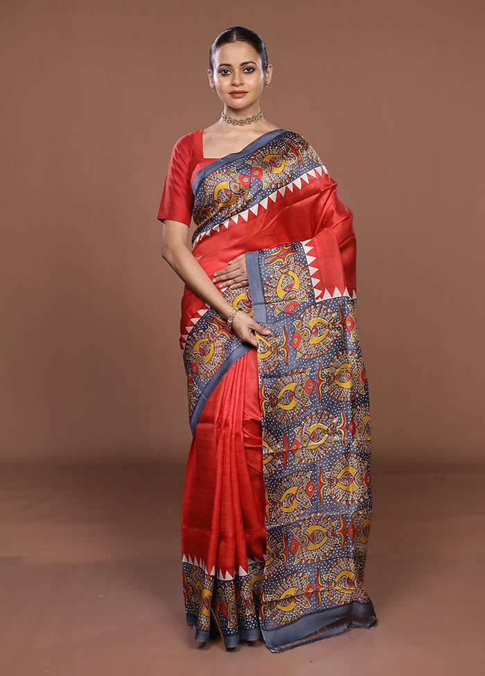 Red Printed Pure Silk Saree Without Blouse Piece