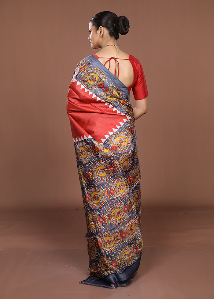 Red Printed Pure Silk Saree Without Blouse Piece