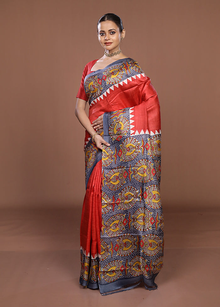 Red Printed Pure Silk Saree Without Blouse Piece