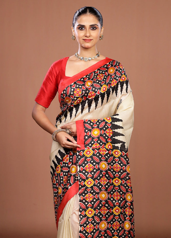 Cream Printed Pure Silk Saree Without Blouse Piece