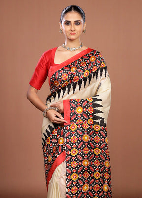 Cream Printed Pure Silk Saree Without Blouse Piece