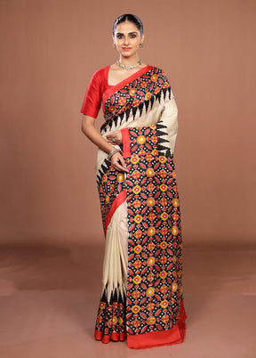 Cream Printed Pure Silk Saree Without Blouse Piece