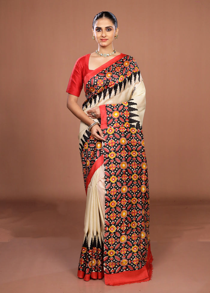 Cream Printed Pure Silk Saree Without Blouse Piece