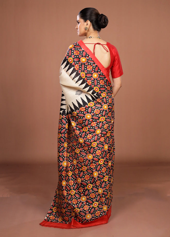 Cream Printed Pure Silk Saree Without Blouse Piece