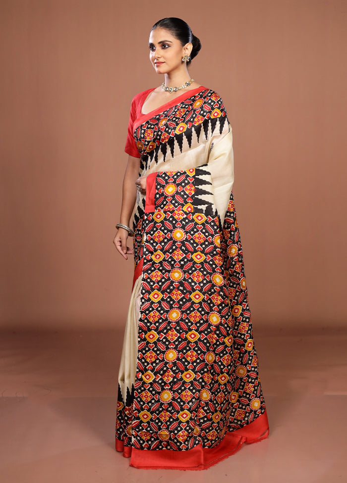 Cream Printed Pure Silk Saree Without Blouse Piece