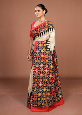 Cream Printed Pure Silk Saree Without Blouse Piece