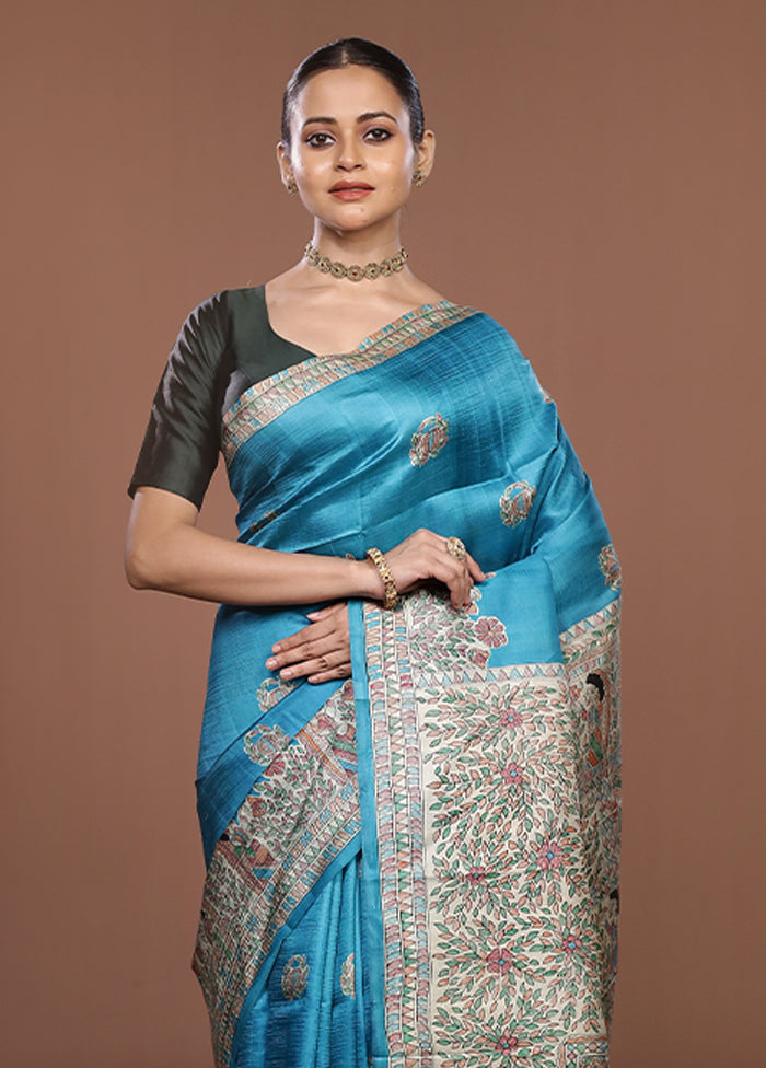 Blue Printed Pure Silk Saree Without Blouse Piece