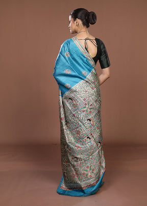 Blue Printed Pure Silk Saree Without Blouse Piece