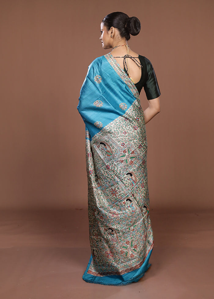 Blue Printed Pure Silk Saree Without Blouse Piece