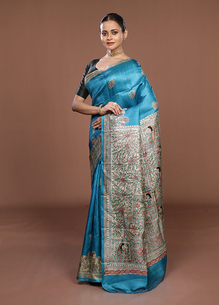 Blue Printed Pure Silk Saree Without Blouse Piece