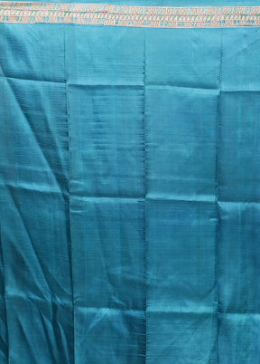 Blue Printed Pure Silk Saree Without Blouse Piece