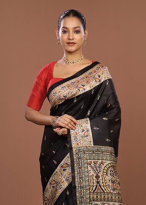 Black Printed Pure Silk Saree Without Blouse Piece