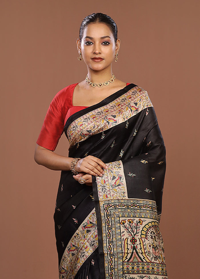 Black Printed Pure Silk Saree Without Blouse Piece