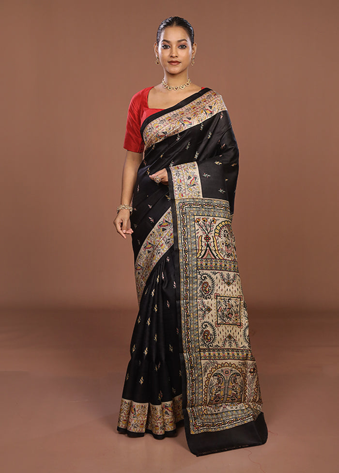 Black Printed Pure Silk Saree Without Blouse Piece