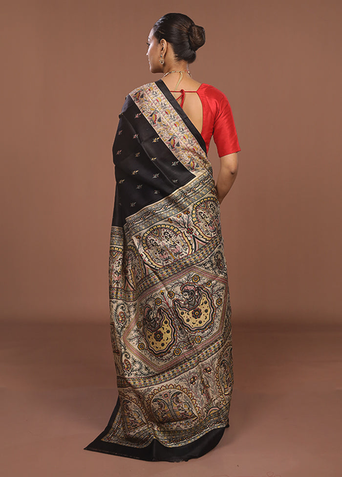 Black Printed Pure Silk Saree Without Blouse Piece