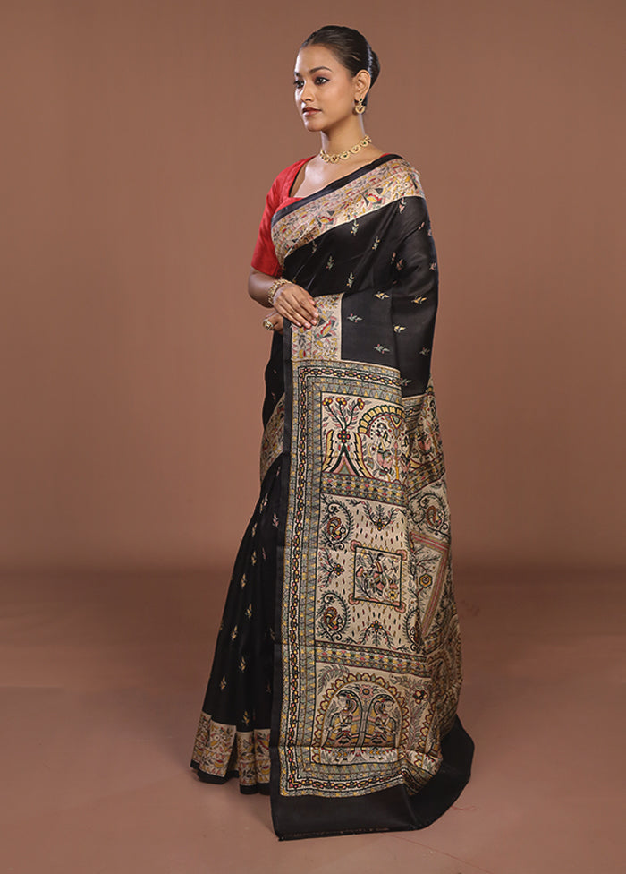 Black Printed Pure Silk Saree Without Blouse Piece