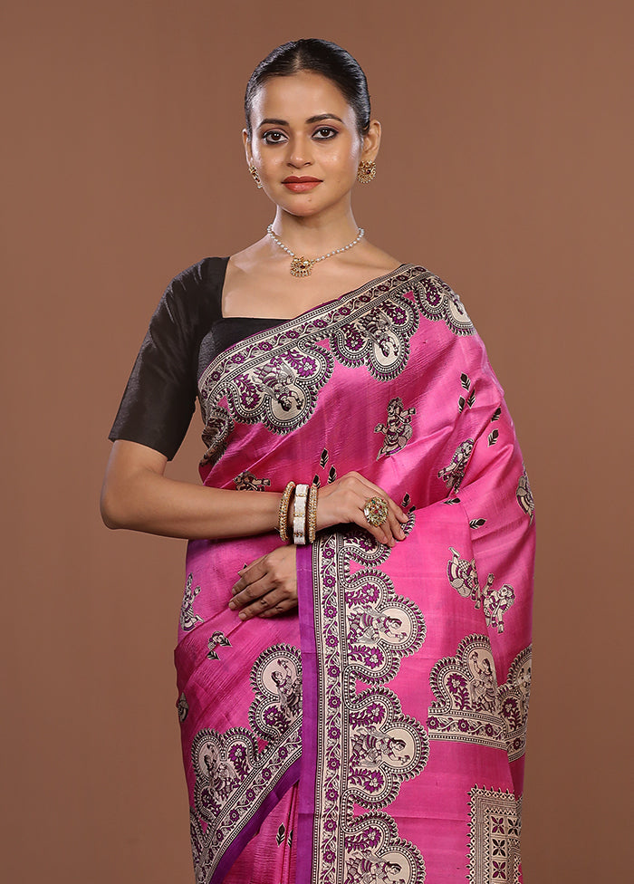 Pink Printed Pure Silk Saree Without Blouse Piece