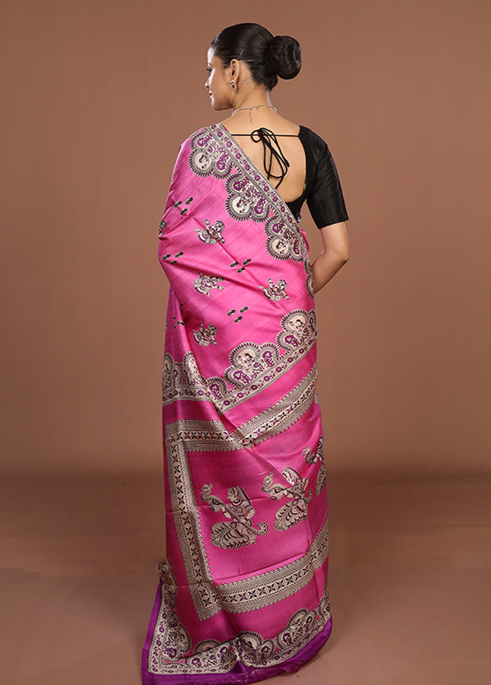 Pink Printed Pure Silk Saree Without Blouse Piece