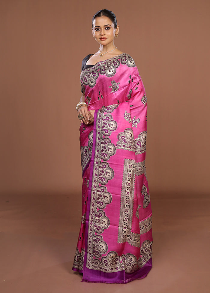Pink Printed Pure Silk Saree Without Blouse Piece
