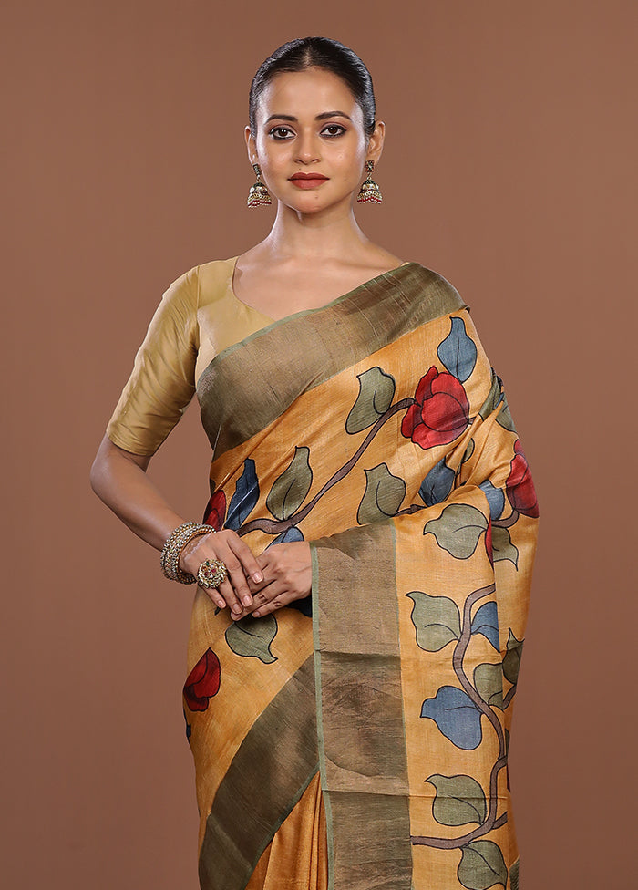 Multicolor Handloom Tussar Pure Silk Saree With Blouse Piece