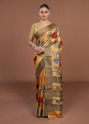 Multicolor Handloom Tussar Pure Silk Saree With Blouse Piece
