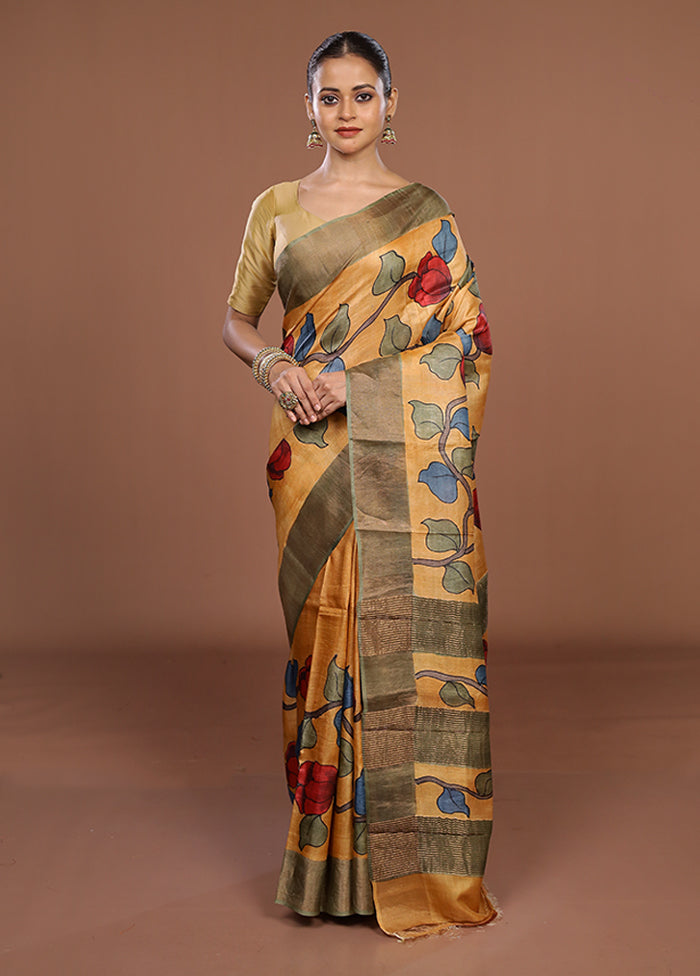 Multicolor Handloom Tussar Pure Silk Saree With Blouse Piece