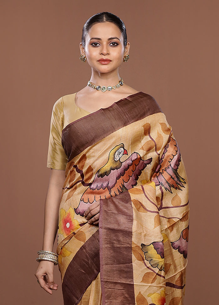 Multicolor Handloom Tussar Pure Silk Saree With Blouse Piece