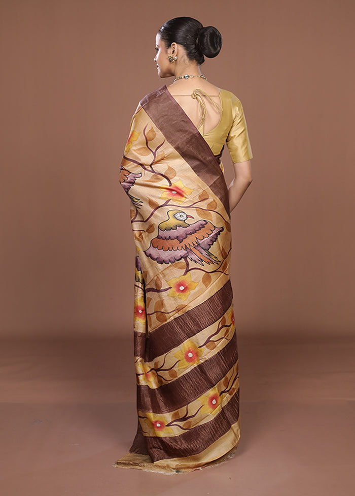 Multicolor Handloom Tussar Pure Silk Saree With Blouse Piece