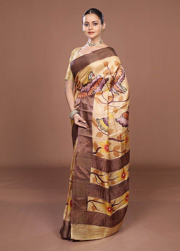 Multicolor Handloom Tussar Pure Silk Saree With Blouse Piece