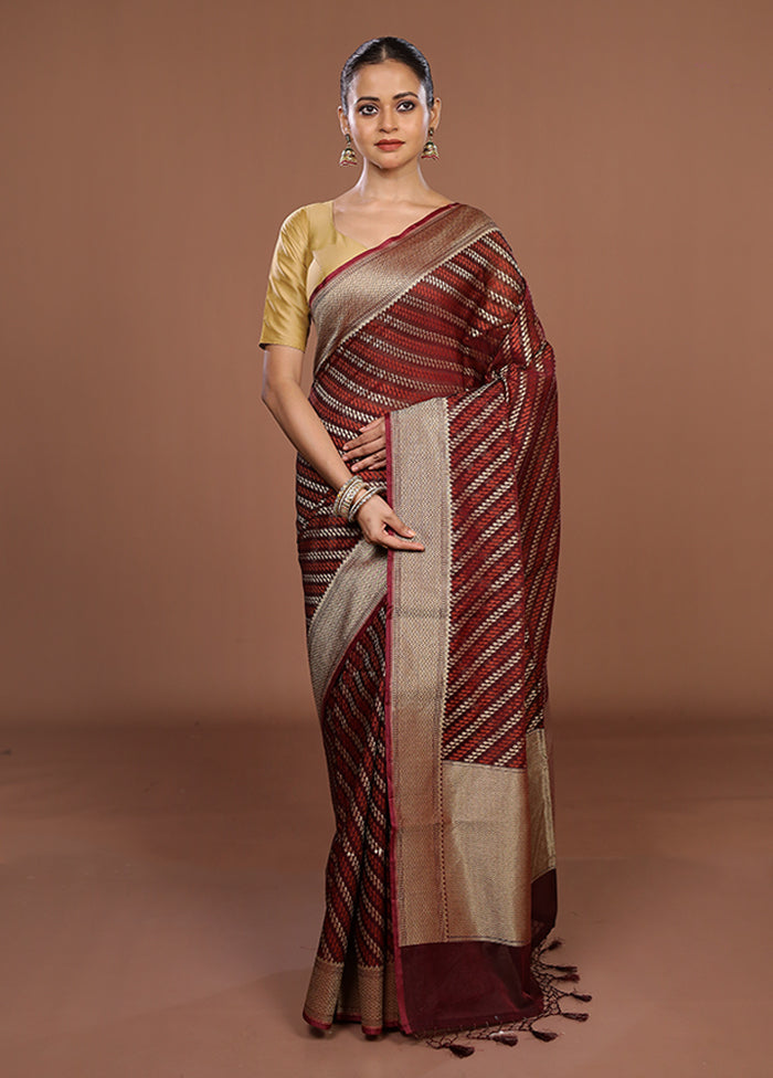 Maroon Kora Silk Saree With Blouse Piece