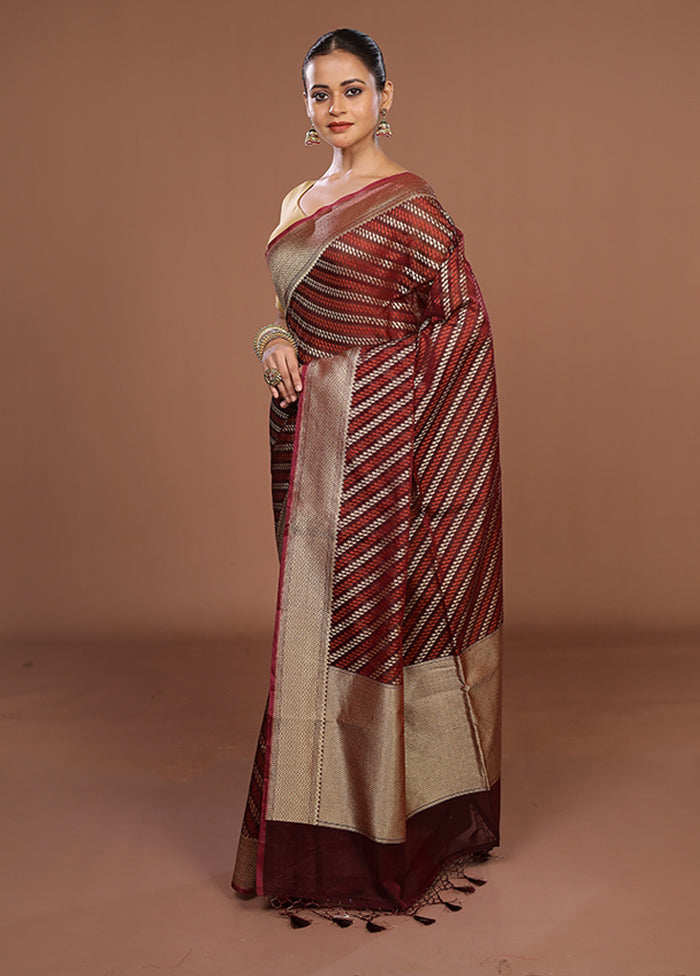 Maroon Kora Silk Saree With Blouse Piece