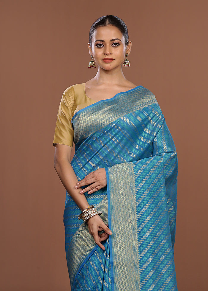 Blue Kora Silk Saree With Blouse Piece