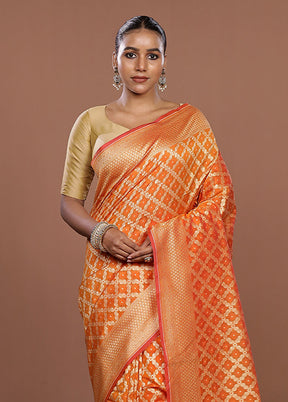Orange Kora Silk Saree With Blouse Piece