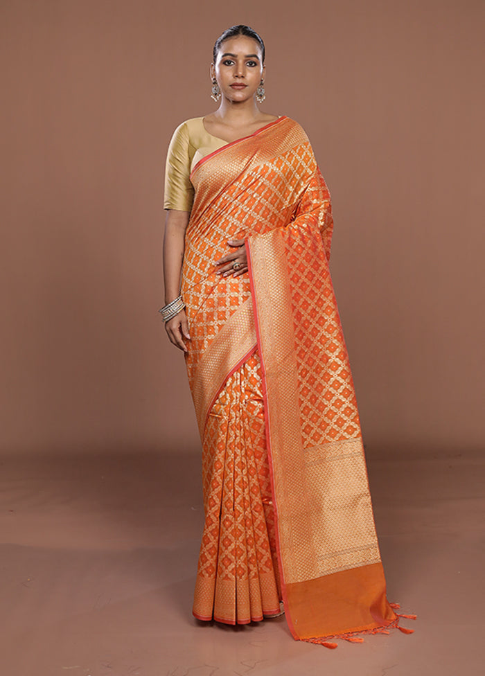 Orange Kora Silk Saree With Blouse Piece