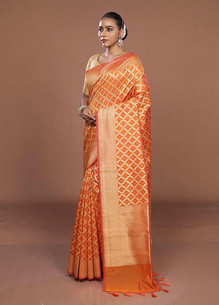 Orange Kora Silk Saree With Blouse Piece