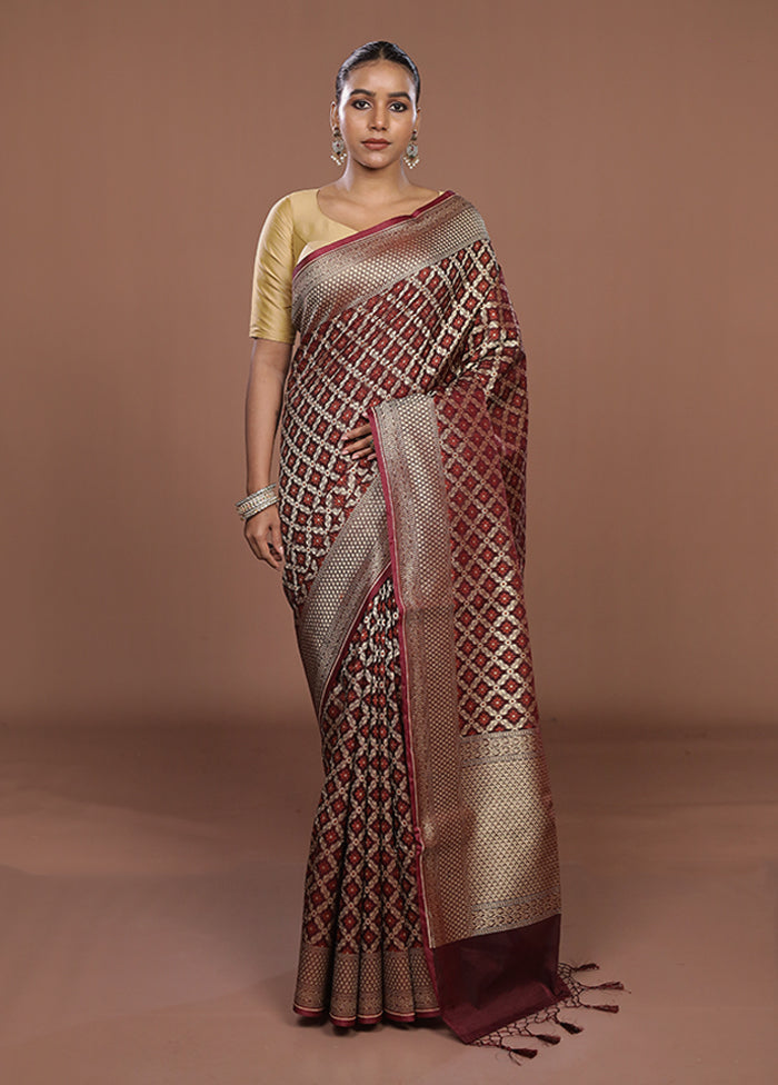 Maroon Kora Silk Saree With Blouse Piece