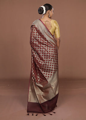 Maroon Kora Silk Saree With Blouse Piece