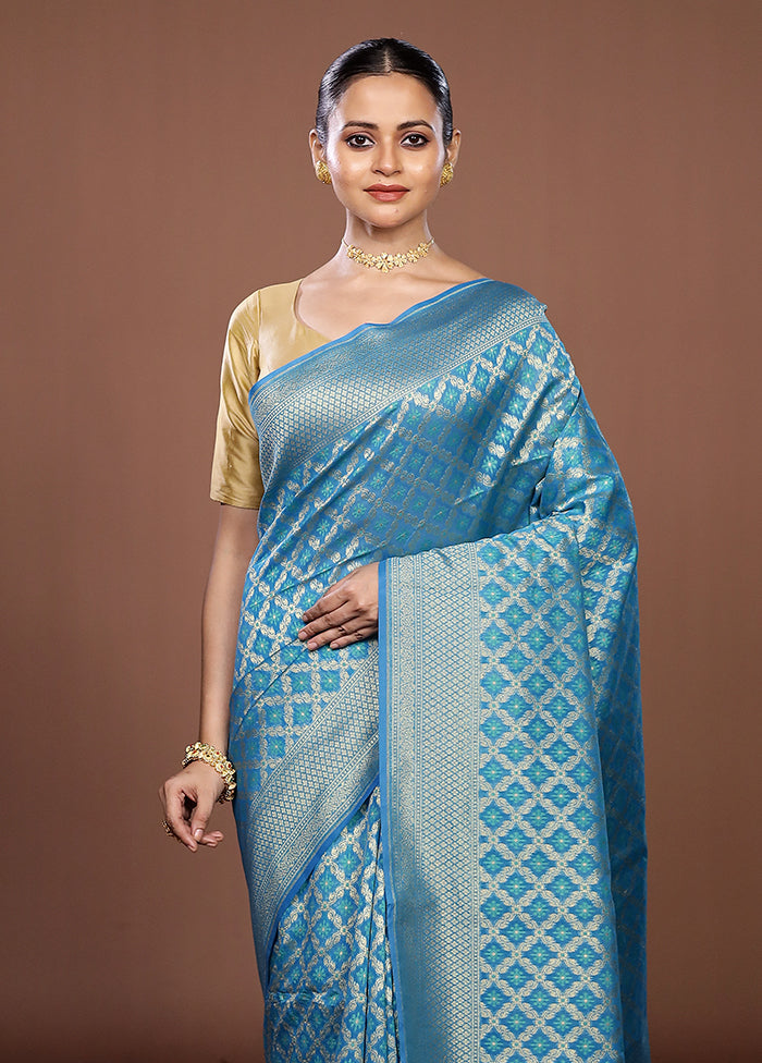 Blue Kora Silk Saree With Blouse Piece