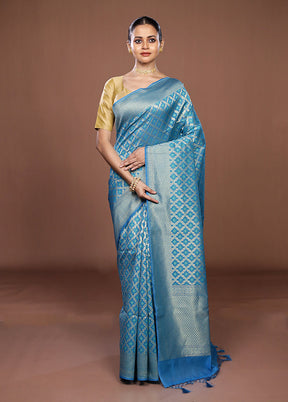 Blue Kora Silk Saree With Blouse Piece